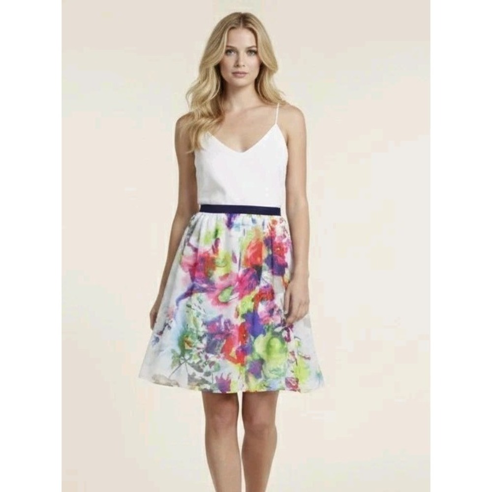 Liz‎ Claiborne Floral A-Line Skirt M Multi-Color Watercolor Print Pull-On